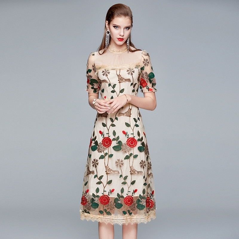 

High Quality Mesh Embroidery Rose Holiday Dress Women Summer Fashion Long Midi Flowers Tulle Dresses 210525, Beige