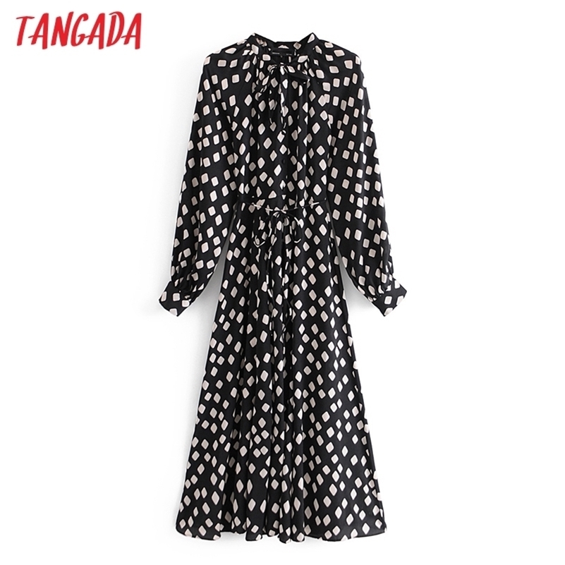 

Tangada Spring Fashion Women Geometry Print Bow Tie Shirt Dress Long Sleeve Office Ladies Midi Dress With Slash 3A61 210630, Black