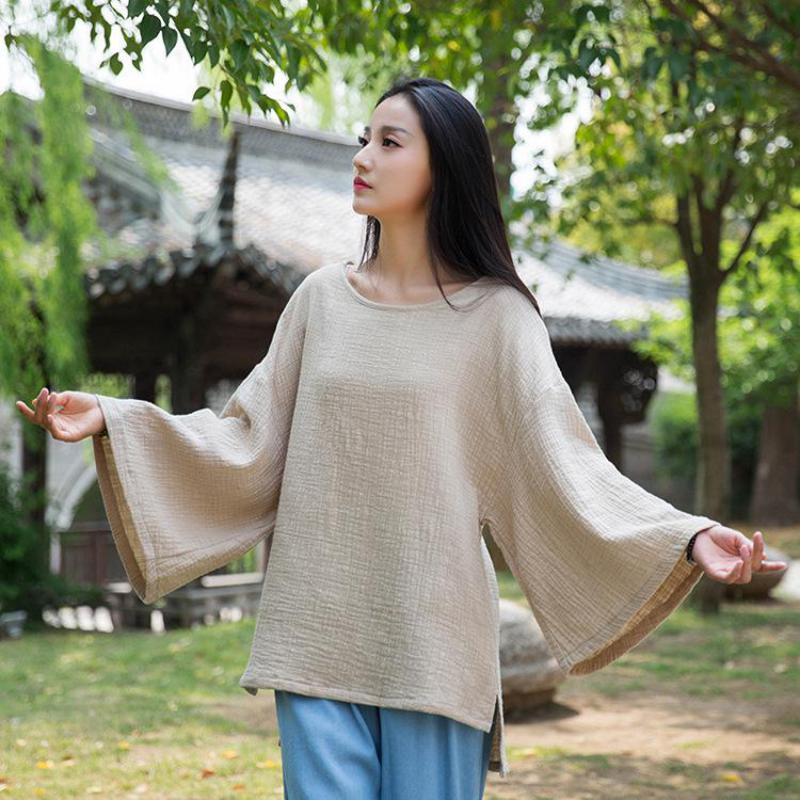 

Johnature Autumn Cotton Linen Comfortable Plus Size O-neck Batwing Sleeve T-shirt Leisure All-match Irregular Women Top 210521, White
