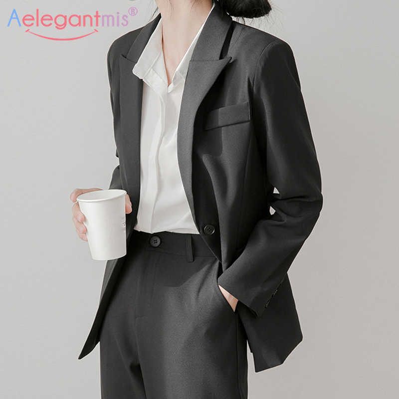 

Aelegantmis Casual Office Lady Women Blazer Jackets Loose Work Business Suit Coat Vintage Elegant Black Outwear OL Korean Chic 210607