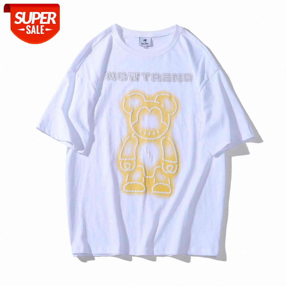 

Foam bear print short-sleeved T-shirt men's round neck five-point sleeves street loose half-sleeved #U20G, White;black