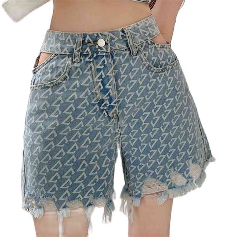 

Casual jeans design sense hollow out waist print high-waist denim shorts summer Korean fashion women's clothing 210520, Blue