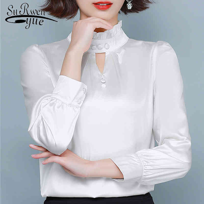 

Solid Stand Women Tops and Blouse Style Clothing Fashion Long Sleeve Silk Loose Pluse Size Shirt Streetwear 8322 50 210521, White