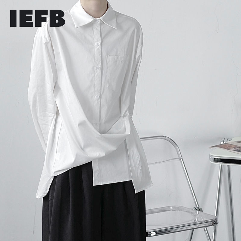 

IEFB Men's spring Spring simple oversized shirts asymmetric deconstruction black white lace up button design male top 9Y4643 210524
