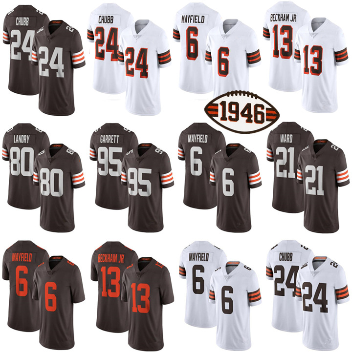 

6 Baker Mayfield 95 Myles Garrett 24 Nick Chubb Football Jerseys 21 Denzel Ward Clevelands 13 Odell Beckham Jr 80 Jarvis Landry Brown 1946 75th Jersey, As image