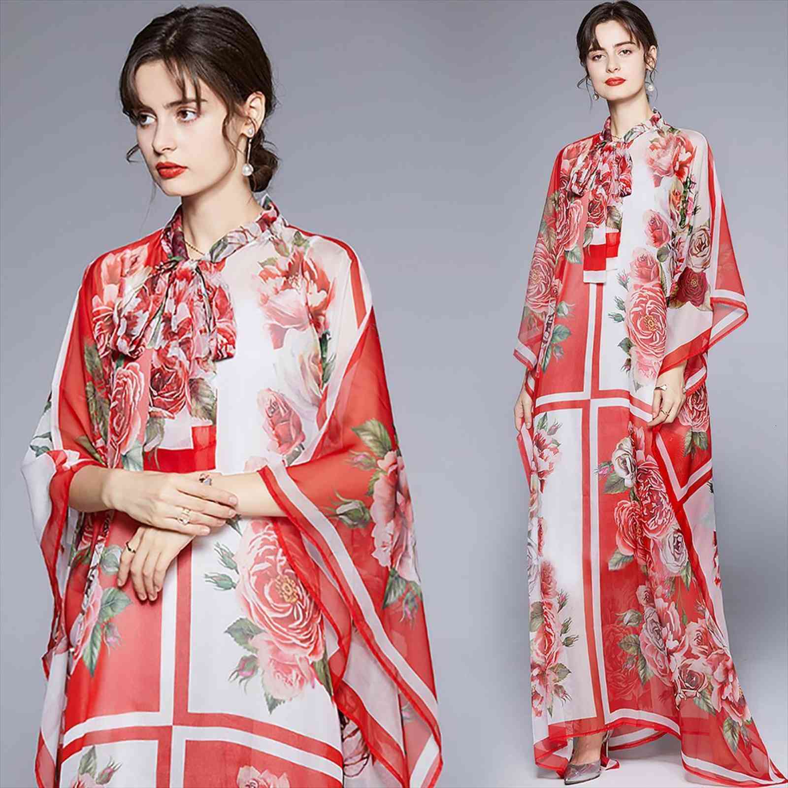 

fashion designer runway silky womens dresses maxi batwing sleeve bow collar flower print loose beach chiffon bohemian, Black;gray