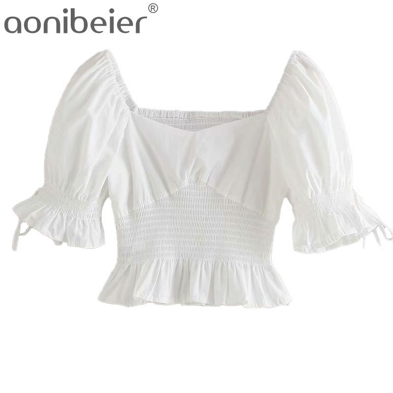 

Slim Fit Women Crop Tops Summer White Puff Sleeve Tie Detail Shirred Sweetheart Casual Ruffles Female Blouses 210604