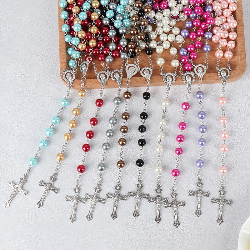 

Pendant Necklaces Alloy Cross Virgin Mary Centrepieces Christian Catholic Religious Jewelry 8MM Colorful Polymer Clay Bead Rosary Necklace, Silver