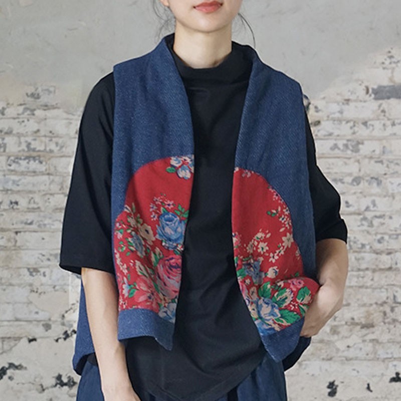 

Johnature Autumn Winter Retro Patchwork Print Cotton Warm Cardigan Vest Comfortable Fashion All-match Women Tops Vests 210521, Blue