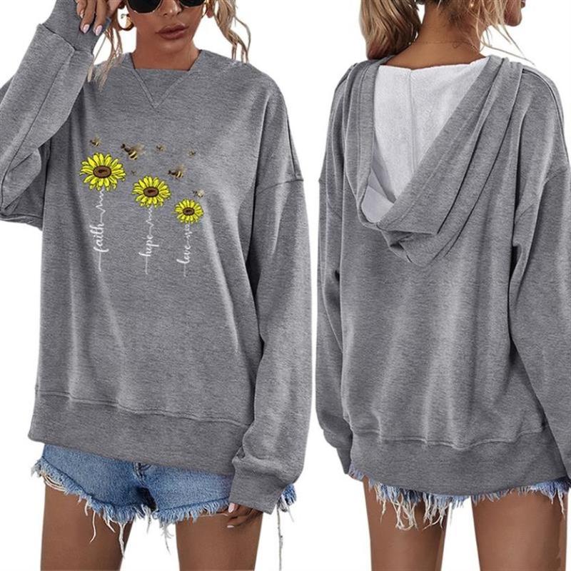 

Women's Hoodies & Sweatshirts BEE GRATEFUL Daisy Print 2021 Autumn Winter Style Hooded Plus Fleece Sweater Women Casual Loose Top, Black