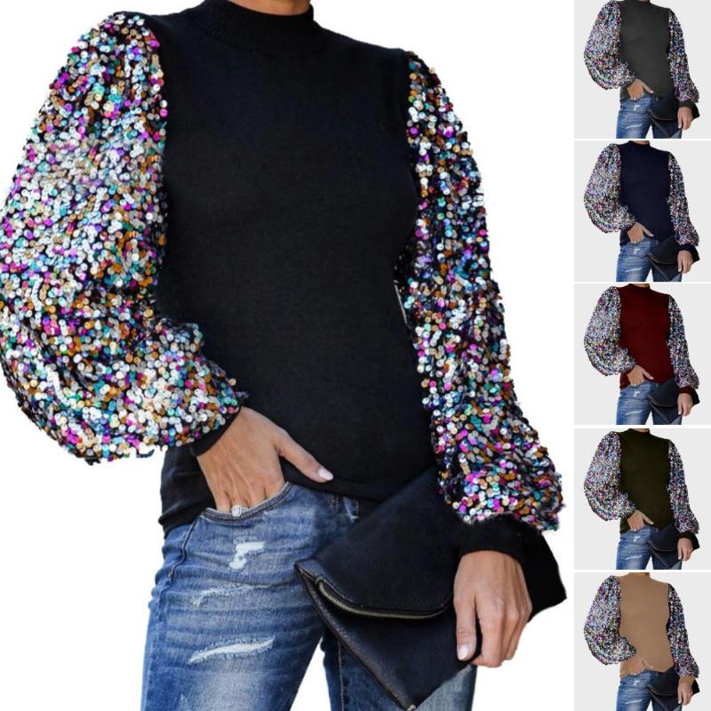 

Women' Blouses & Shirts Women 2021 Fashion Autumn Winter Mock Neck Sequins Patchwork Long Puff Sleeve Blouse Shirt Top, Black