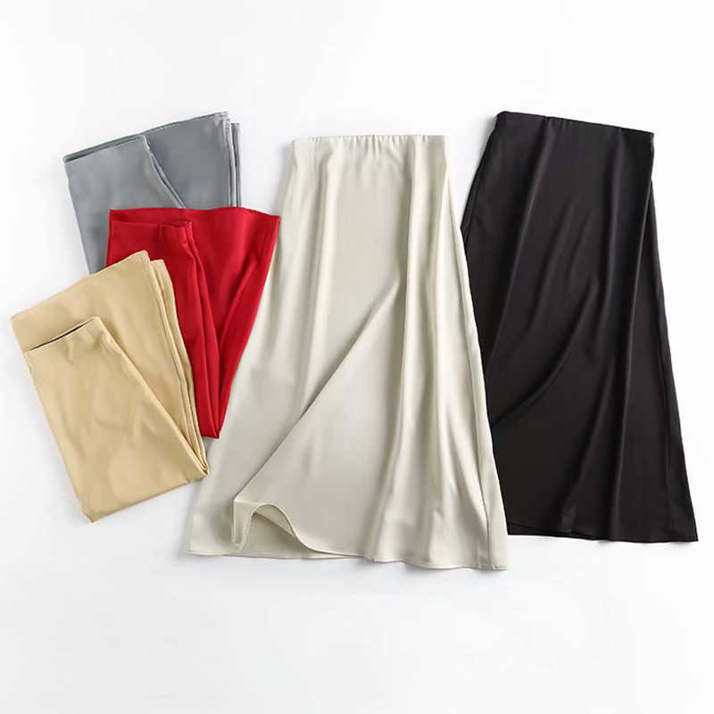 

Summer Autumn Fashion Smooth Satin Long Midi Skirt Red Grey Black Side Zipper High Waist Women Casual A-Line 210604