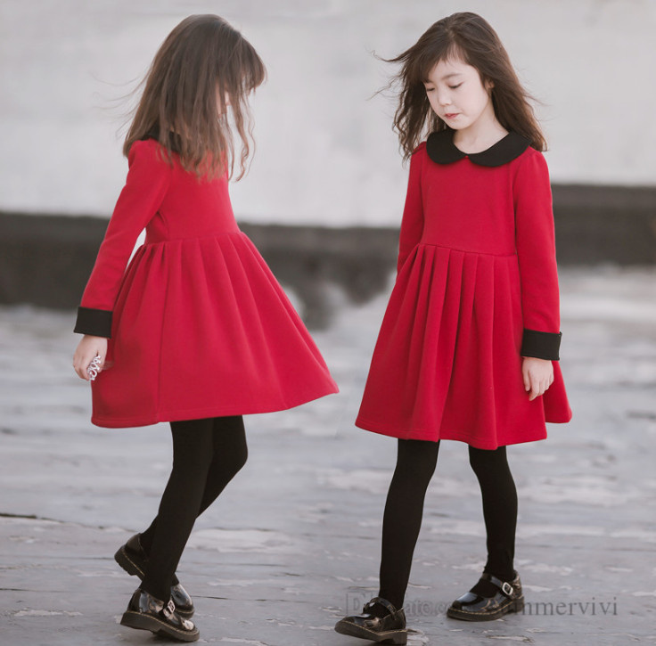 

Big girls red pleated dresses kids contrast color doll collar long sleeve dress christmas children princess clothing Q2288