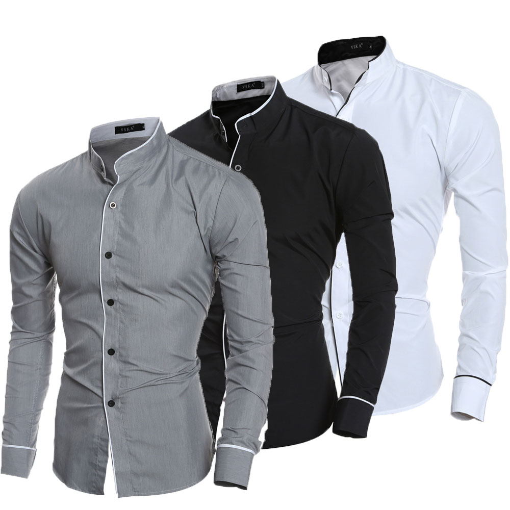 

Designs Men Stand Collar Shirt Long Sleeve Turn Down Collar Slim Pure Colors Solid Fit Business Shirts Male Style Tops, Black