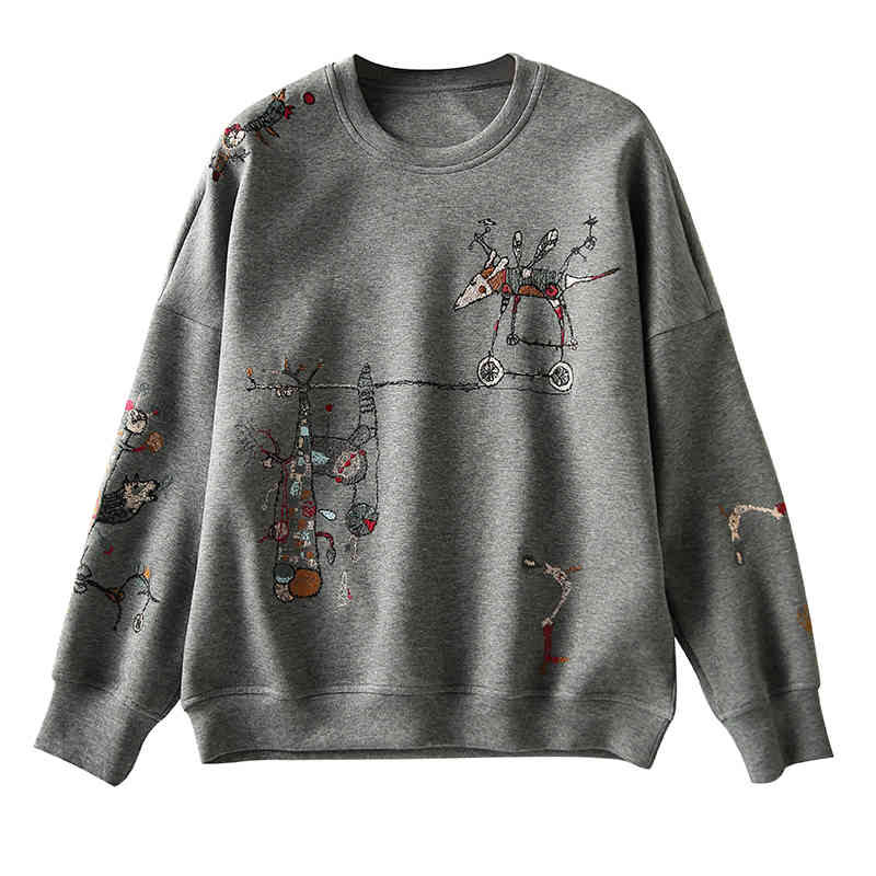 

women's hoodies & sweatshirts autumn casual fashion point-embroidered long around the breathing neck pure cotton female sweatshirt 33n3, Black