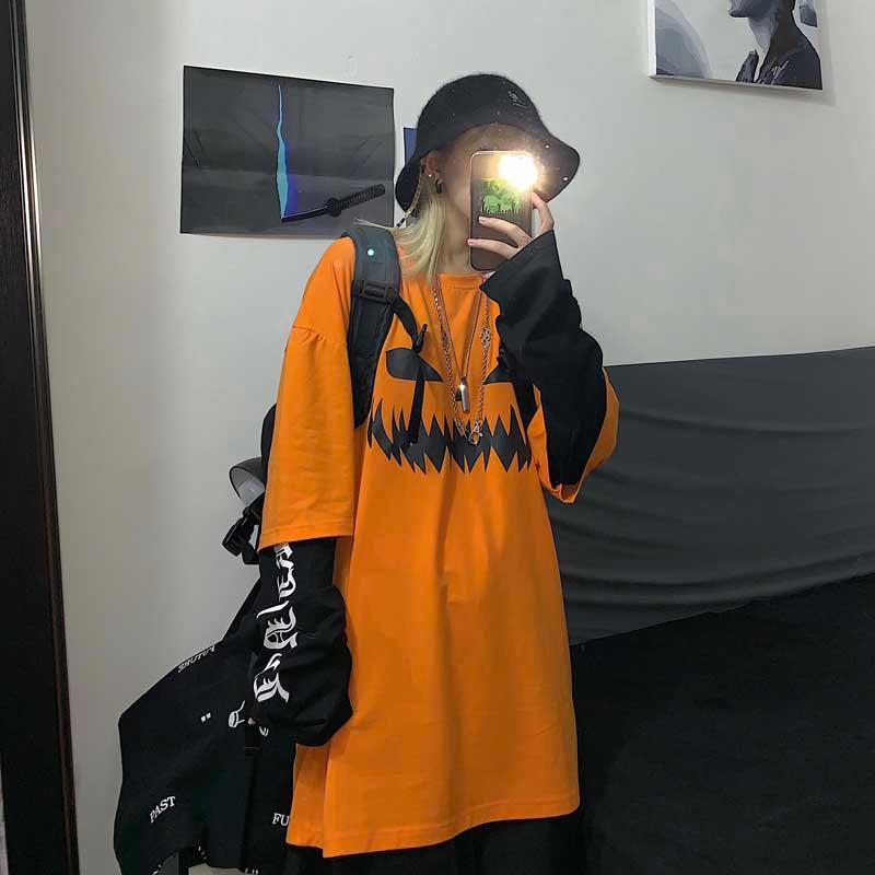 

Women's T-Shirt T Shirt For Women Color Matching Print Harajuku Couple Long Sleeve T-shirts Fake Two Piece Handsome Casual O-neck Oversize, 31530orange red