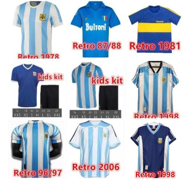 

Retro 1986 Argentina Diego Maradona Soccer Jersey 1978 Boca juniors 1981 Vintage NAPOLI 1987 1988 football soccer shirt Kit Classic tops, 1986 away kids