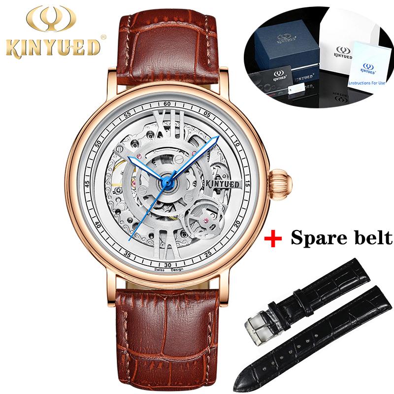 

Wristwatches KINYUED Latest Men's Hollow Mechanical Watch Genuine Leather Strap Luminous Pointer Fashion Waterproof Watches Relojes Hombre, Slivery;brown