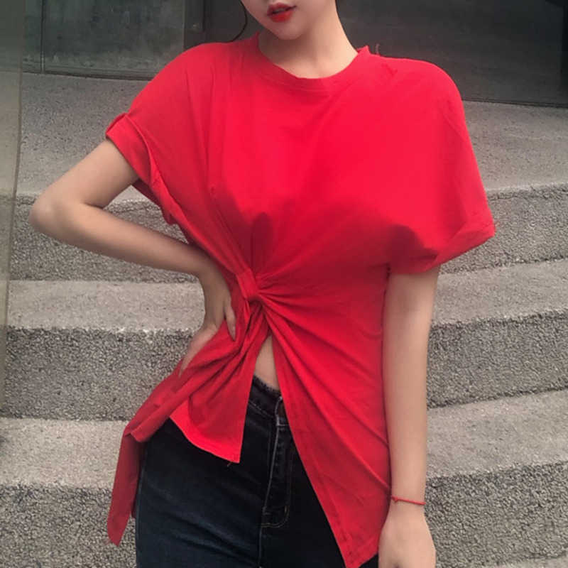 

WOMENGAGA Korea 1 Summer Red Top Ruffle Irregular Temperament Short Sleeve Cotton T Shirt Tees Sexy Women P3P8 210603, White