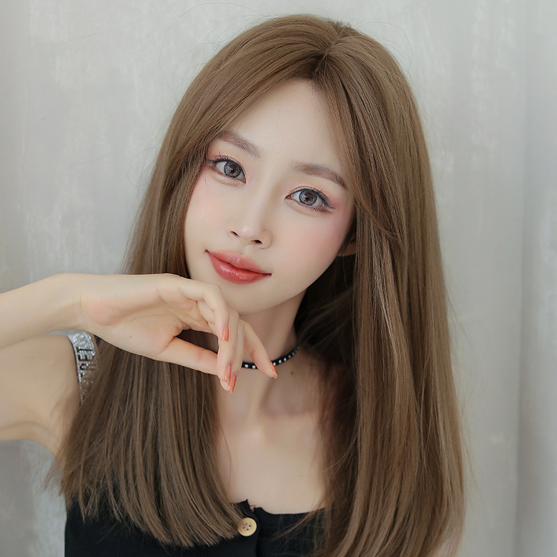 

Factory Wholesale Korean Fashion Center-Parted Bangs Wig Womens Long Hair Natural Beauty Collarbone Straight Wig Head Cover, Black