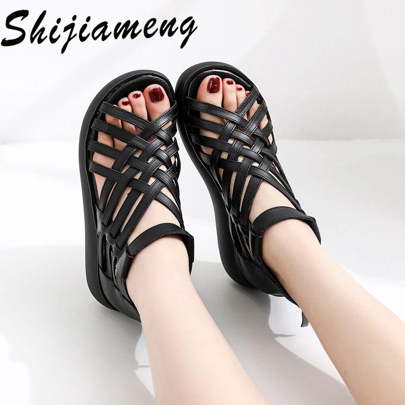 

Dress Shoes Roman Sandals Women's High Heeled Cowhide European And American Summer Thick Soled 2021 Flat Fish Mouth Slope Heel, Black