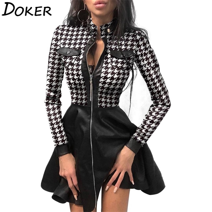 

Houndstooth Leather Mini Dres Fashion Stand Collar Long Sleeve Plus Size Elegant Ladies Party es Sexy Bodycon 210604, Red lace