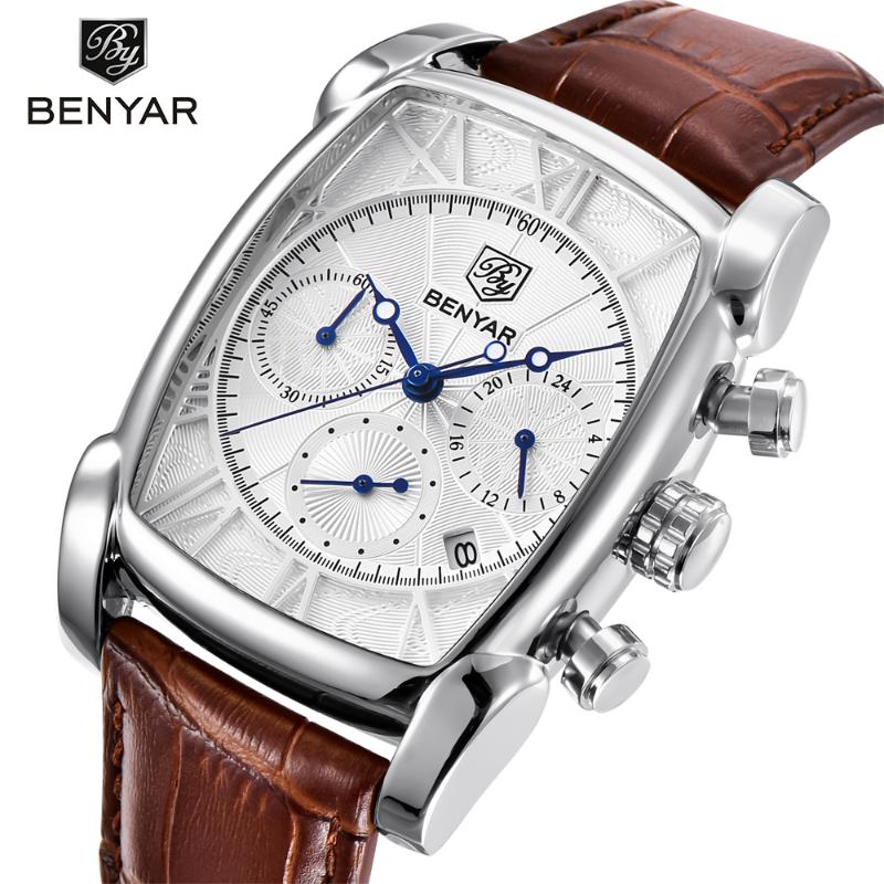 

Wristwatches BENYAR Fashion Sport Chronograph Men's Watches Waterproof 30M Genuine Leather Strap Luxury Classic Rectangle Case Quartz Watch, Gold