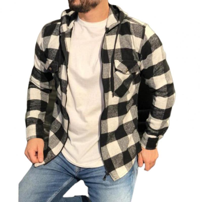 

Men's Jackets Mens Fashion Plaid Printed Hoodie Men Shirt Contrast Colors Drawstring Zipper Spring Autumn Male Clothing, Black;brown