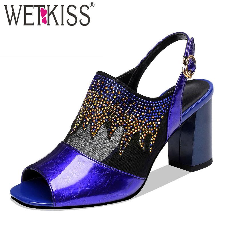 

Mesh High Heels Sandals Women 2021 Summer Woman Buckle Crystal Shoes Female Genuine Leather Peep Toe Blue