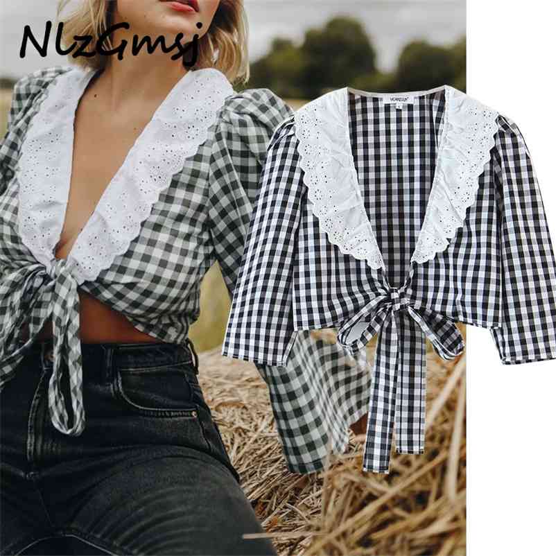 

Blouse Shirt Deep V Neck Lace Up Vintage Crop Tops Casual Cotton Checkered Spring Top 210628, As picture