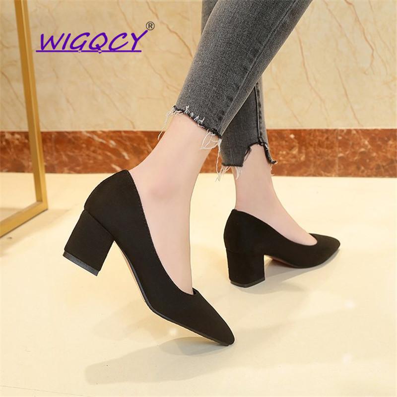 

Suede High Heels Black Office Pumps Women Shoes 2021 Spring Autumn Fashion Shallow Pointed Square Heel Female Dress