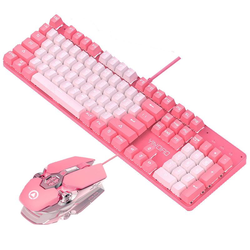 

Keyboard Mouse Combos 2 In 1 Girly Kawaii Pink 104 Keys Mechanical Gaming With White Lighting Wired USB 3200DPI Mice RGB Light