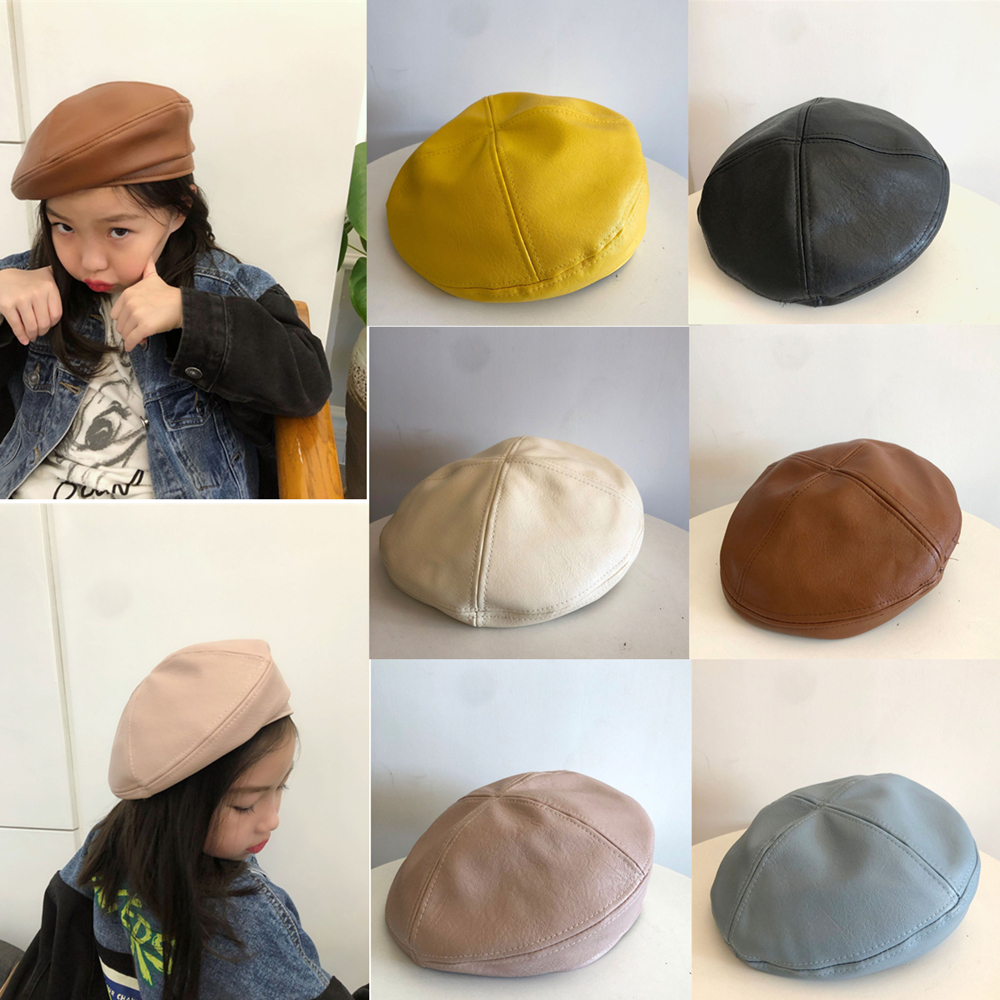 

Newest Spring Lovely INS Kids Girls PU Beret Children Painter Hat Autumn Winter Princess Accessories Fashion Boys Leather Beanies