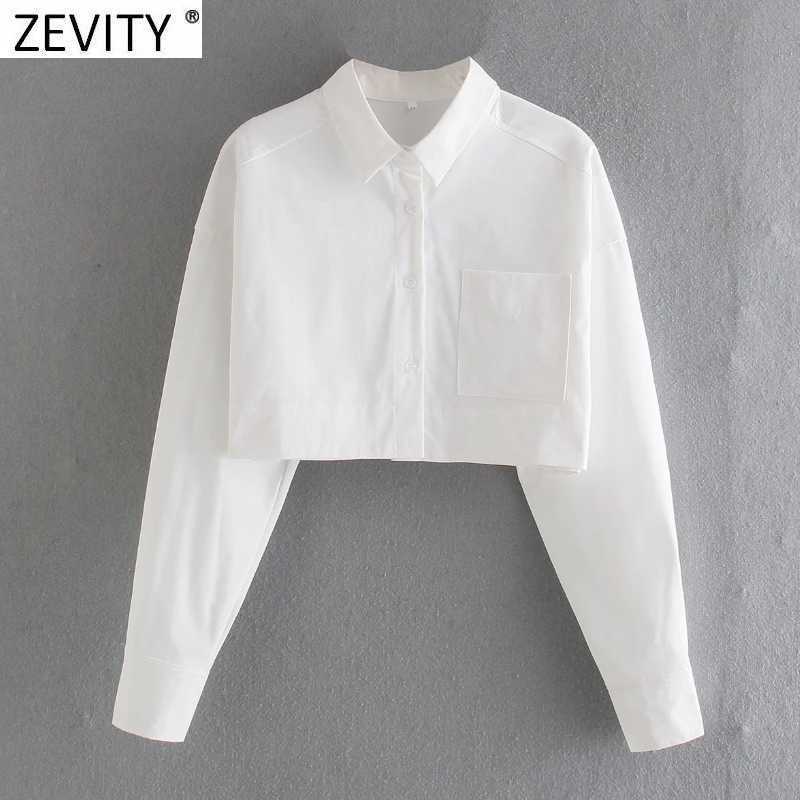 

Zevity Women Fashion Pocket Decoration Short Smock Blouse Office Lady White Casual Shirts Chic Blusas Crop Tops LS9313 210603, As pic ls9313daa