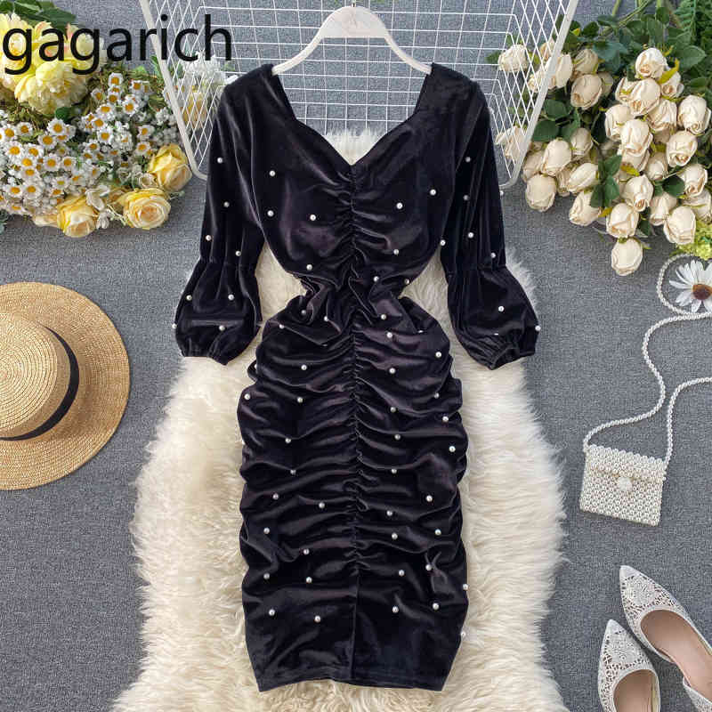 

Gaganight Beading Ruched Women Short Bodycon Party Dress Black Long Sleeve V Neck Office Lady Banquet Dresses Chic Slim Vestidos 210519