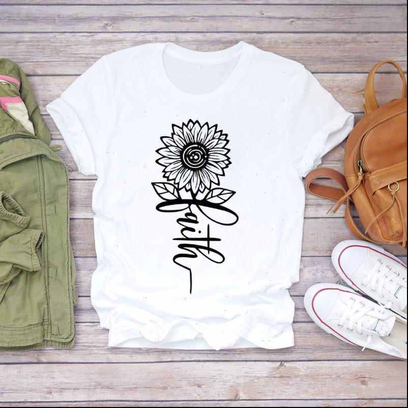 

flower faith letter clothing trend women t shirts 90s short sleeve print graphic female tee, White