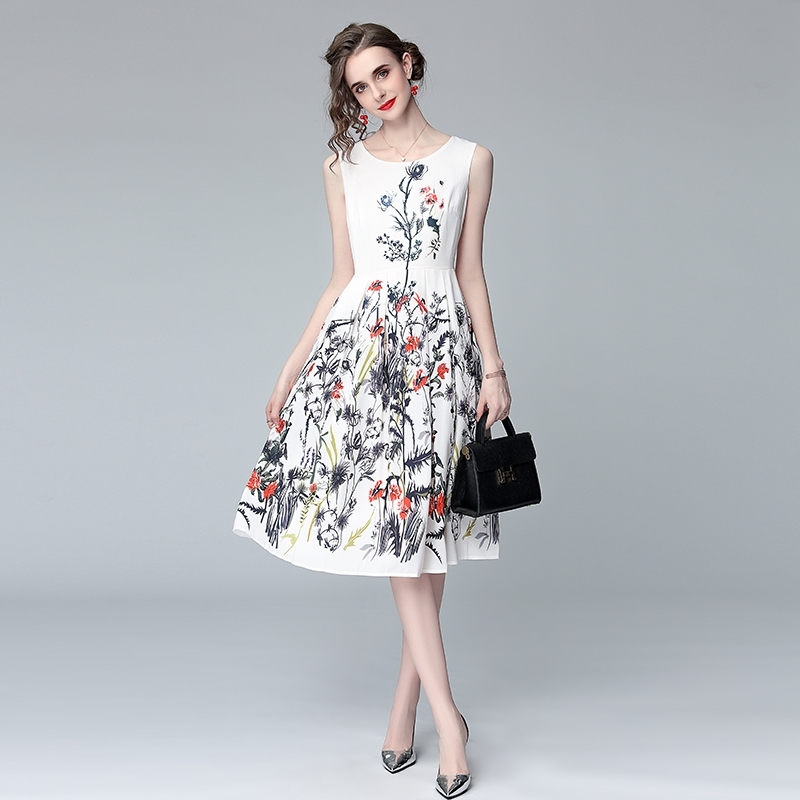 

Banulin Summer Runway Floral Sundresses Women Sleeveless Vintage Print Elegant Boho Dress Casual Female Backless 210603, Apricot