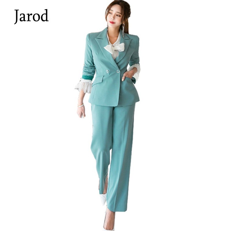 

Office OL Women Suits Autumn Winter Double-breasted Notched Work Coat + Fashion Bell-Bottoms Pants Set Formal 2 Pcs Set 210518, Picture color