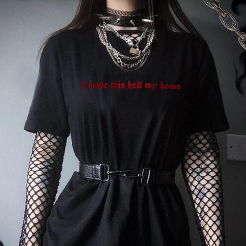 

Made Hell My Home Letter Printed Gothic Style Dark Cool Grunge Unisex T-Shirt Harajuku Hipster Casual Funny Women Tee Top 210518, Black
