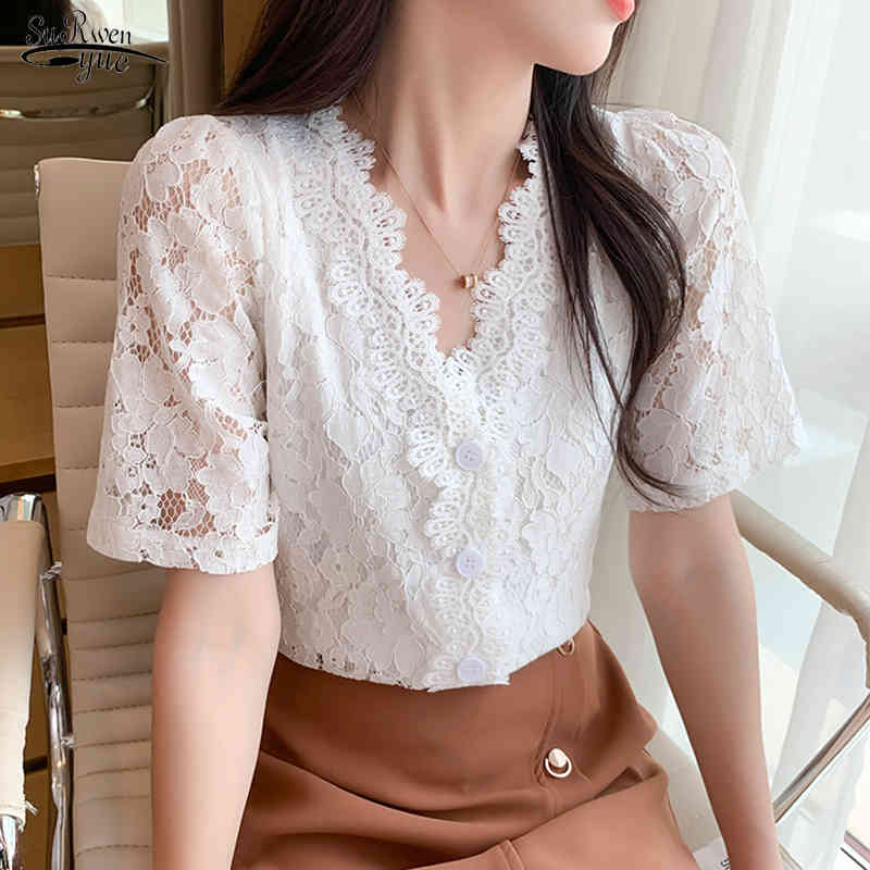 

Summer Vintage Short Sleeve Women' Shirt V-neck Solid Ladies Tops Korean Chic Crochet Lace Chiffon Blouse Women 14436 210521, White