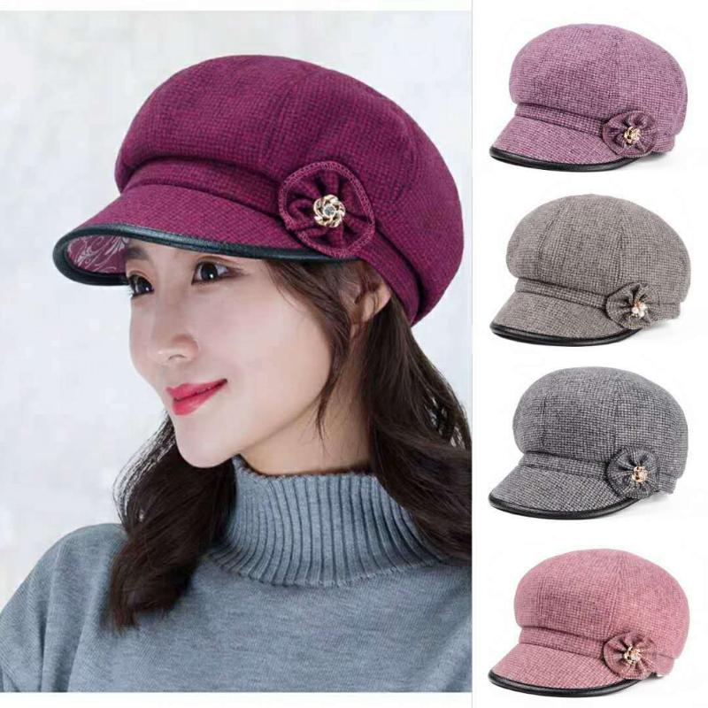 

Berets Autumn Winter Flower Beret For Women Lady Round Octagonal Hat Female Leisure Baseball CapSloid Sboy Cap Ladies Painter, Red