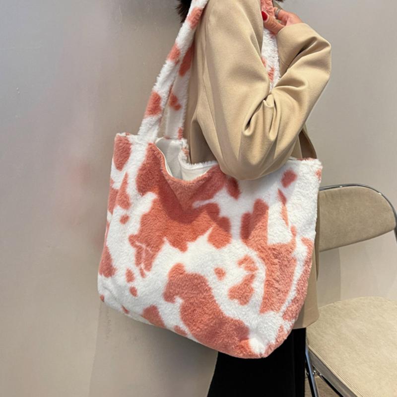 

Evening Bags Fashion Plush Cow Milk Print Shoulder Bag Women Casual Large Capacity Shopping Female Autumn Winter Tote Handbags