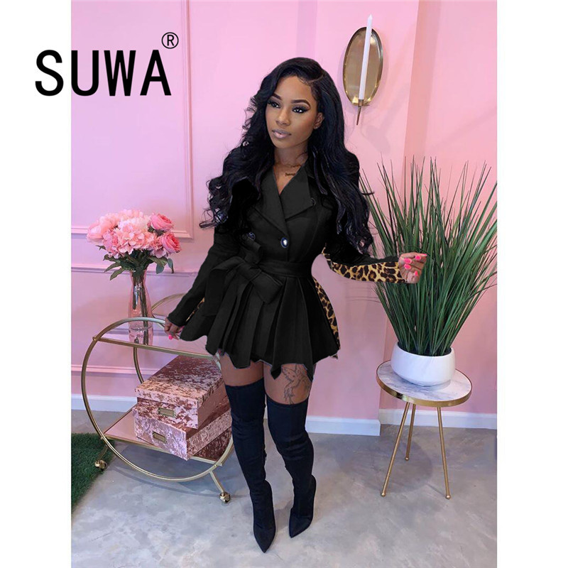 

Side Leopard Printed Fashion Long Sleeve Blazers Top Mini Pleated Dresses Spring Autumn Office Lady Woman Dress Wholesale 210525, Black