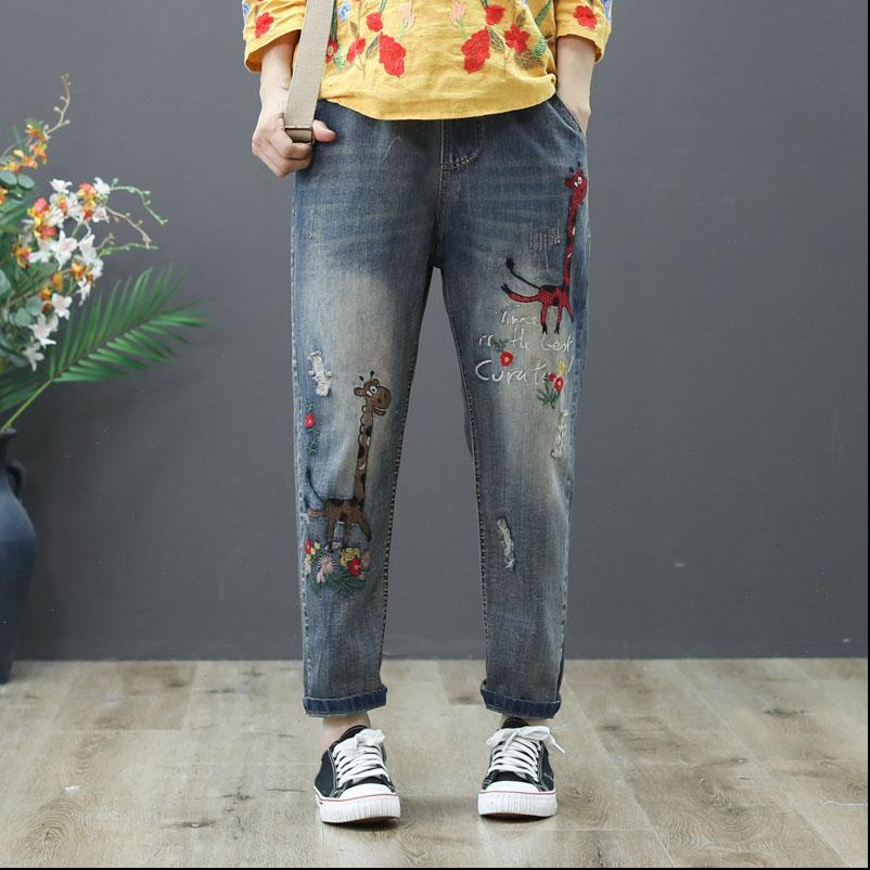 

vintage woman womens jean embroidery jeans spring autumn elastic waist casual streetwear female denim pants plus size xl, Blue