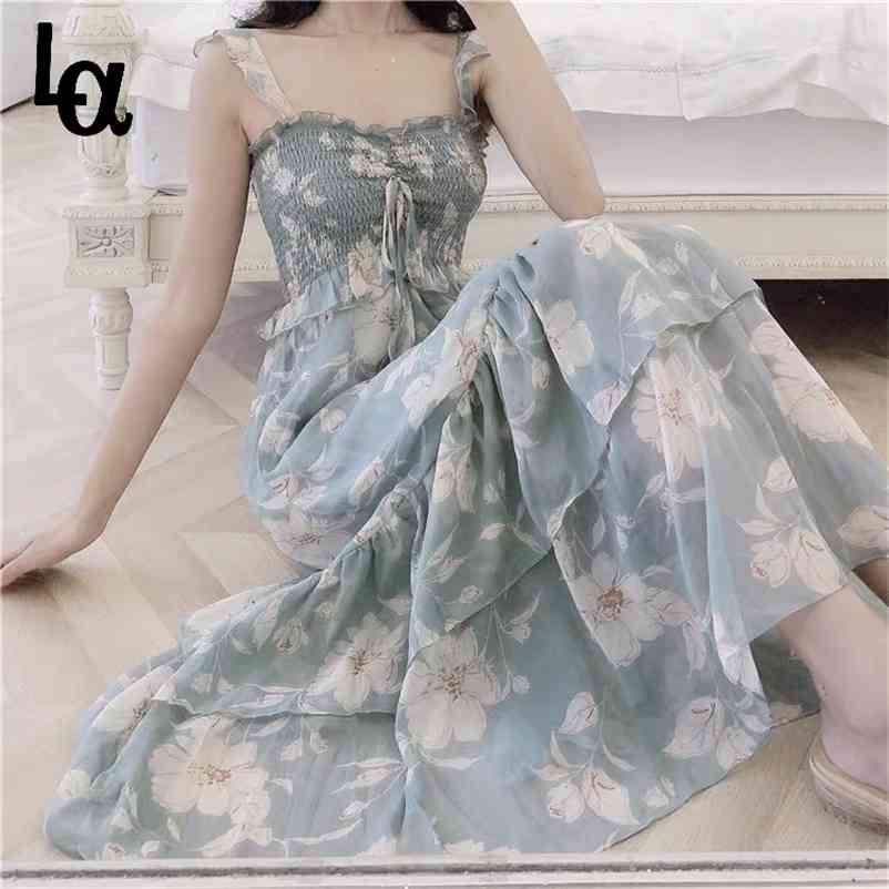 

Summer Spaghetti Strap Chiffon Dress Women Sleeveless Vintage French Style A-line Long Korea Chic Loose Clothing 210519, Green