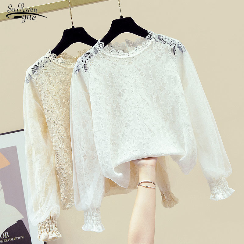 

Sweet Women Lace Blouse Fashion Button Transparent Mesh White Shirt Female See-through Lantern Long Sleeve Blusas 11142 210521
