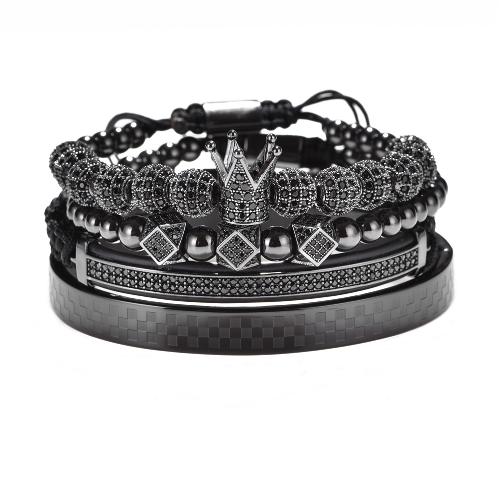 

Hot Luxury Gold Braided Adjustable Bracelet Men Male Beads Crown Black Cz Zircon Charm Stainless Steel Bracelet Men Jewelry