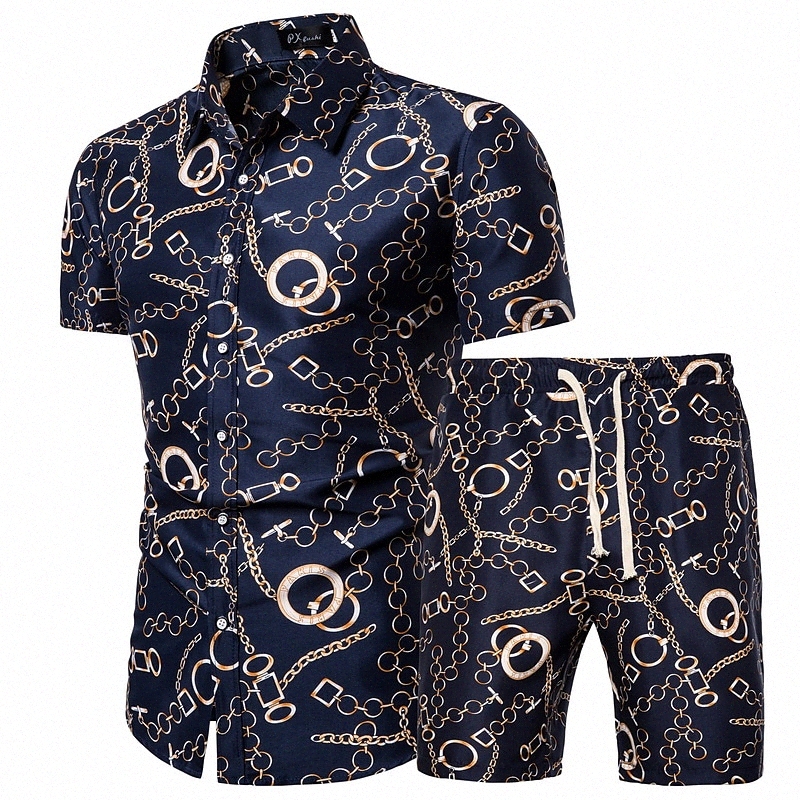 Men's Set Graphic Geometric Plus Size Classic Collar Athleisure Vacation Print Short Sleeve Tops Basic Boho Navy Blue / Beach 54op#