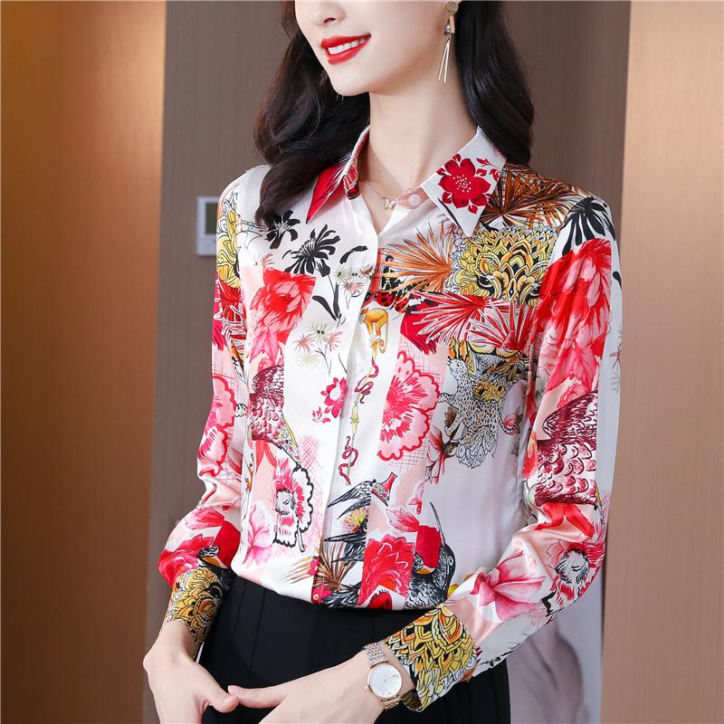 

Women's Blouses & Shirts Blouse Women Elegant Retro Printed Silk Button Up Shirt Long Sleeve Commuter Fall 2021 Fashion Office Ladies Casual, White