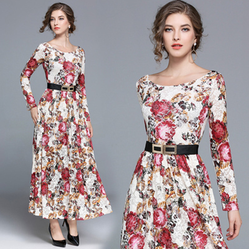 

High Quality Elegant Plus Size S-2XL Spring Arrival Round Collar Flower Printed Long Sleeve Woman Lace Dress 210525, Picture color